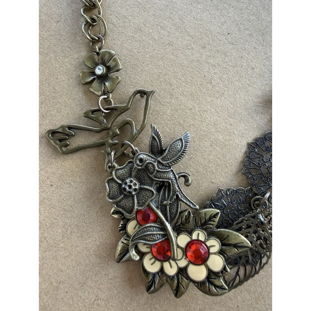 Vintage Statement Necklace Brass Tone Floral Bird Rhinestone Boho Bib Collage - Picture 9 of 10